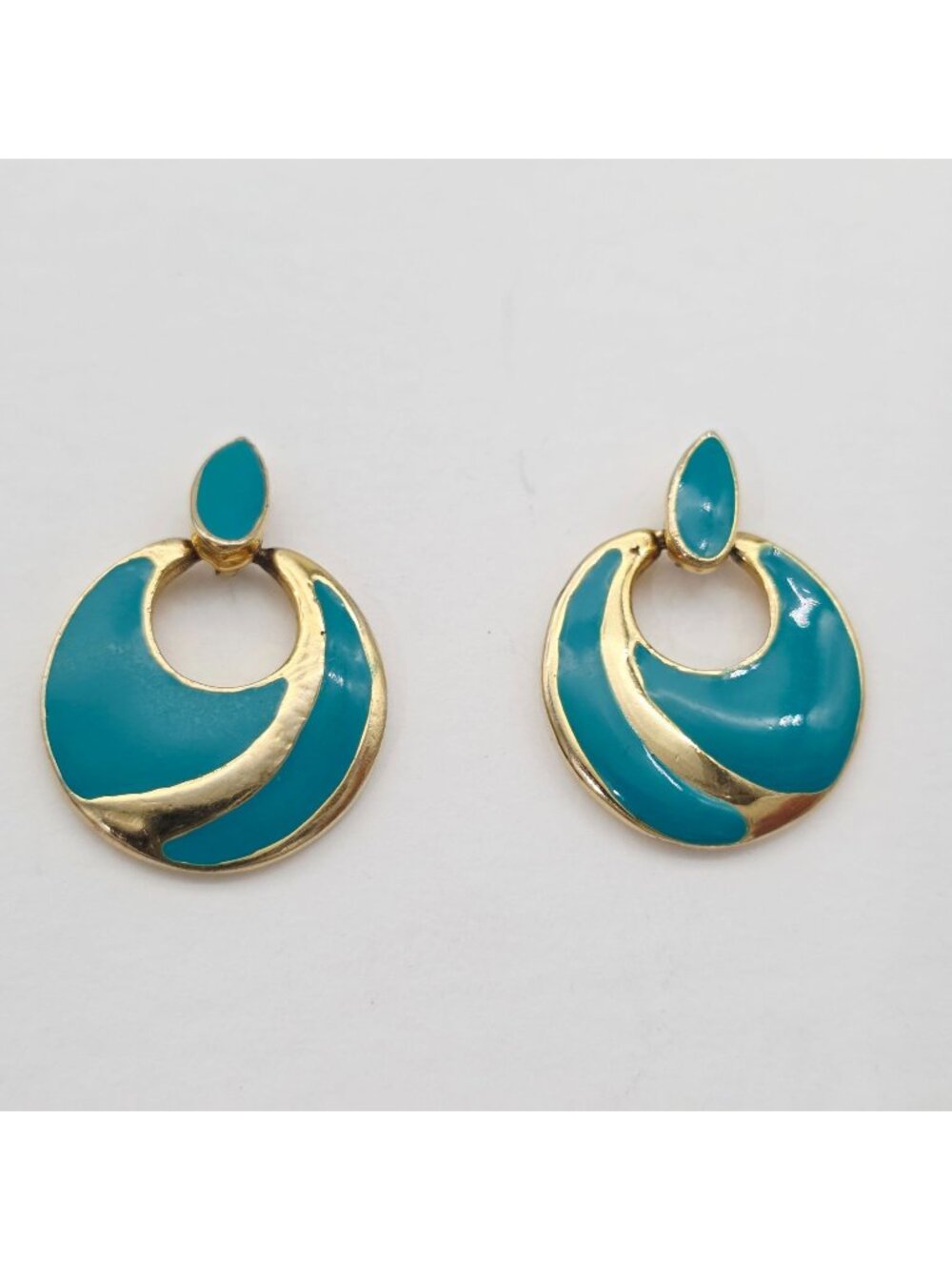 Vintage Gold & Turquoise Enamel Drop Earrings Retro Circular Swirl Design